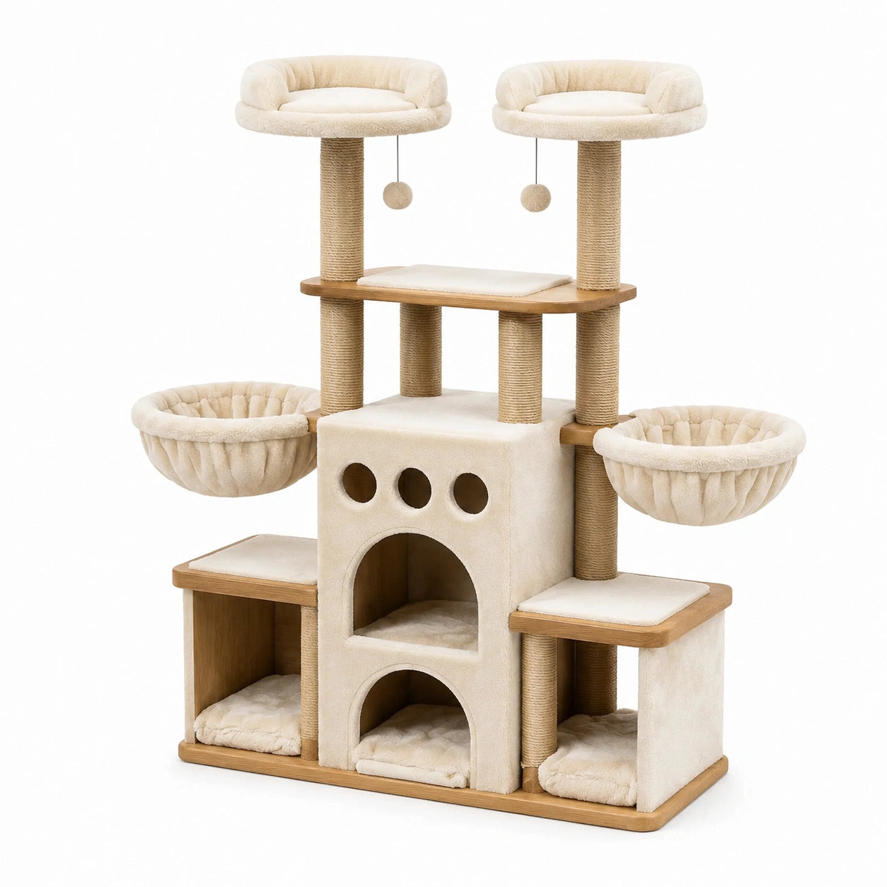 Arbre à chat en bois avec plateformes en sisal et peluche beige