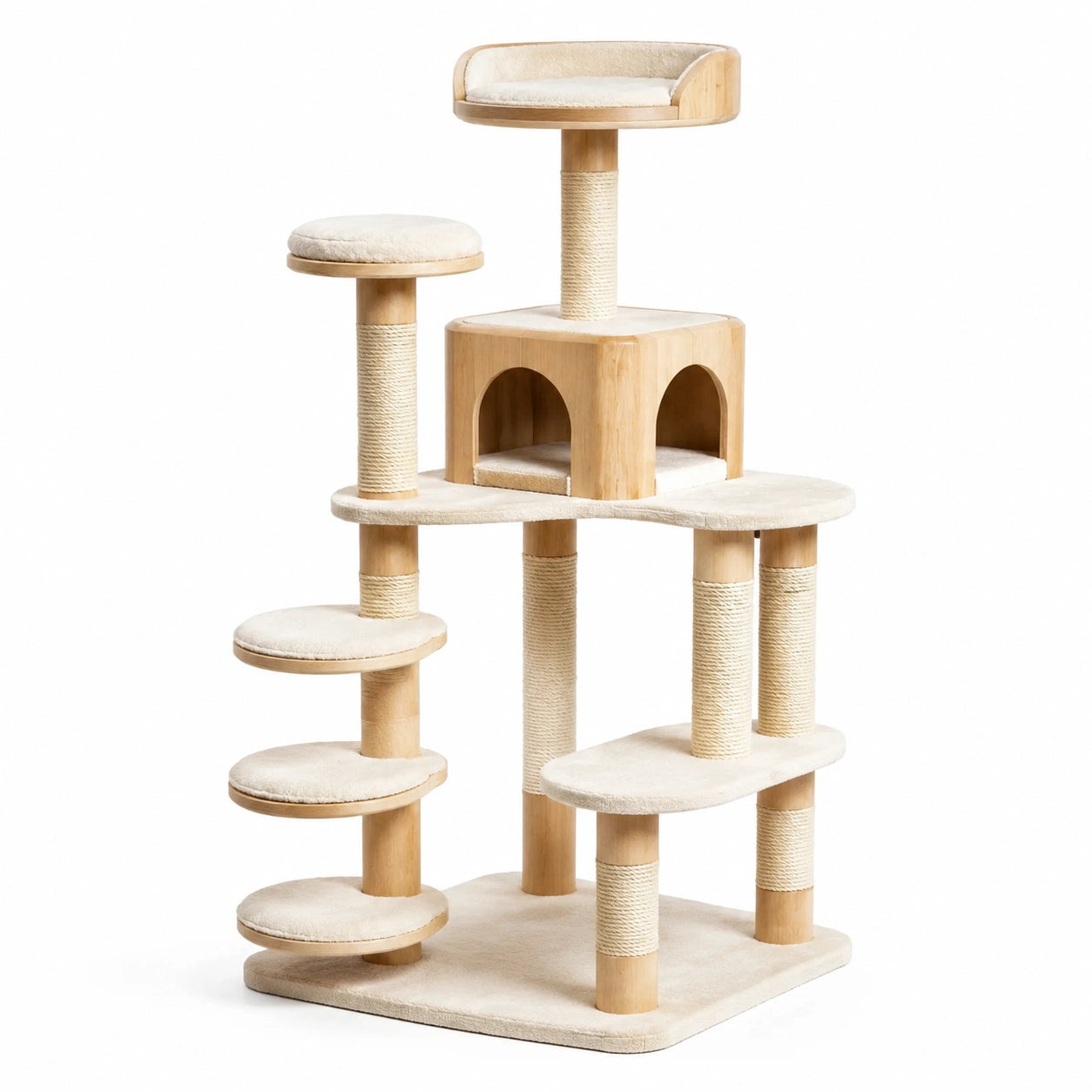 Arbre à chat en bois avec plateformes et niche 140 cm beige