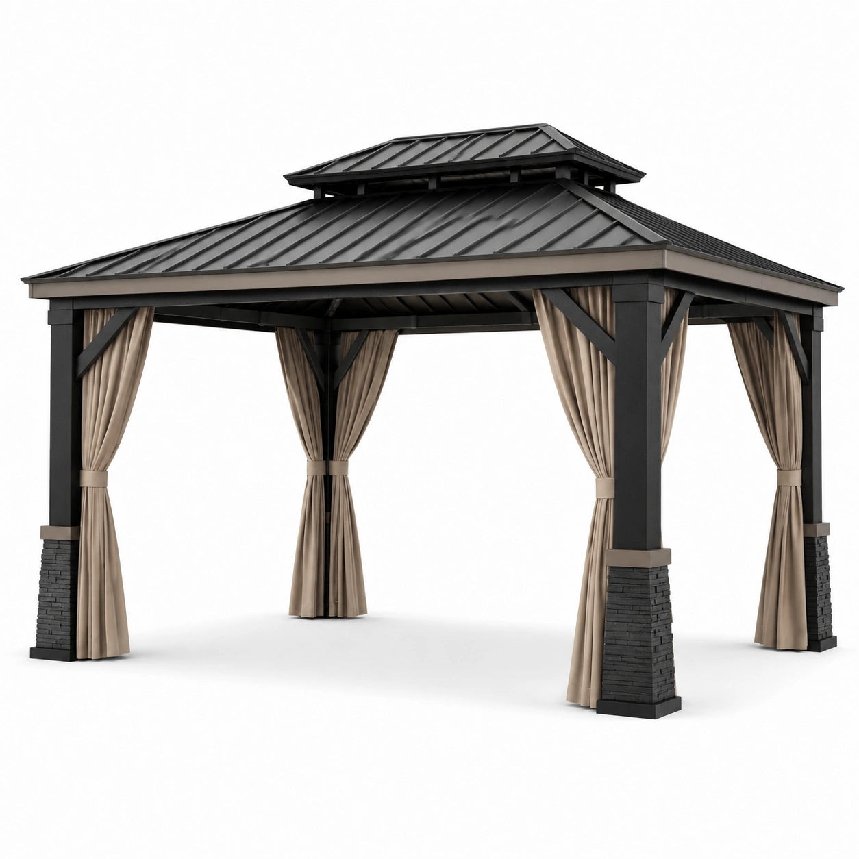 Pavillon en acier avec rideaux en polyester beige