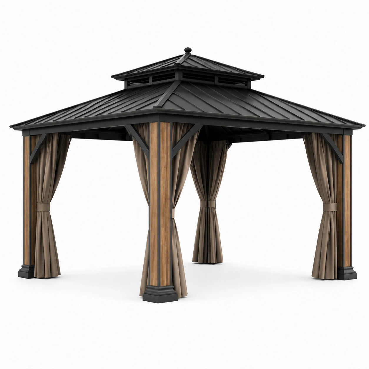 Pavillon de jardin en métal avec rideaux en polyester marron