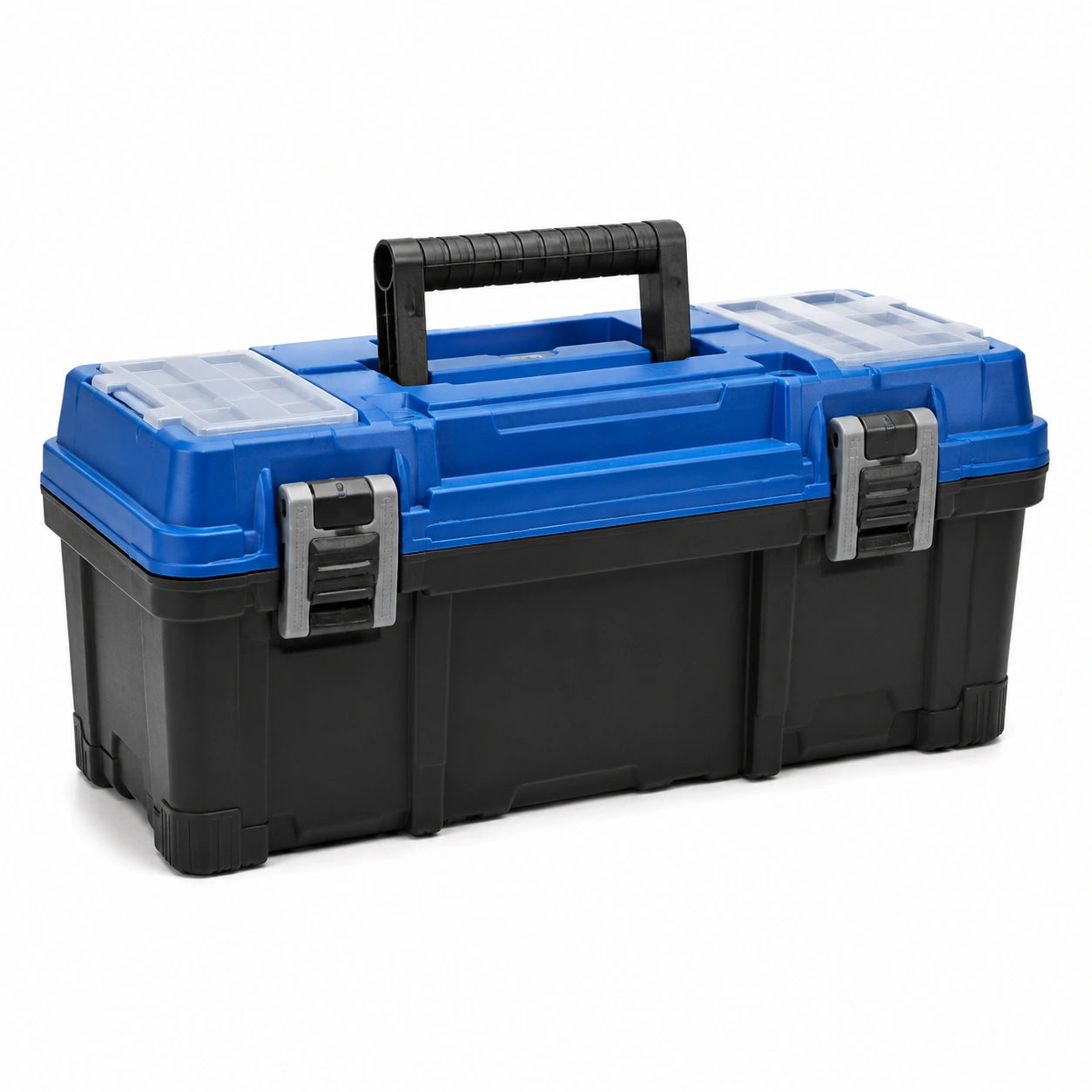 Boîte à outils en plastique bleu et noir avec fermetures métalliques
