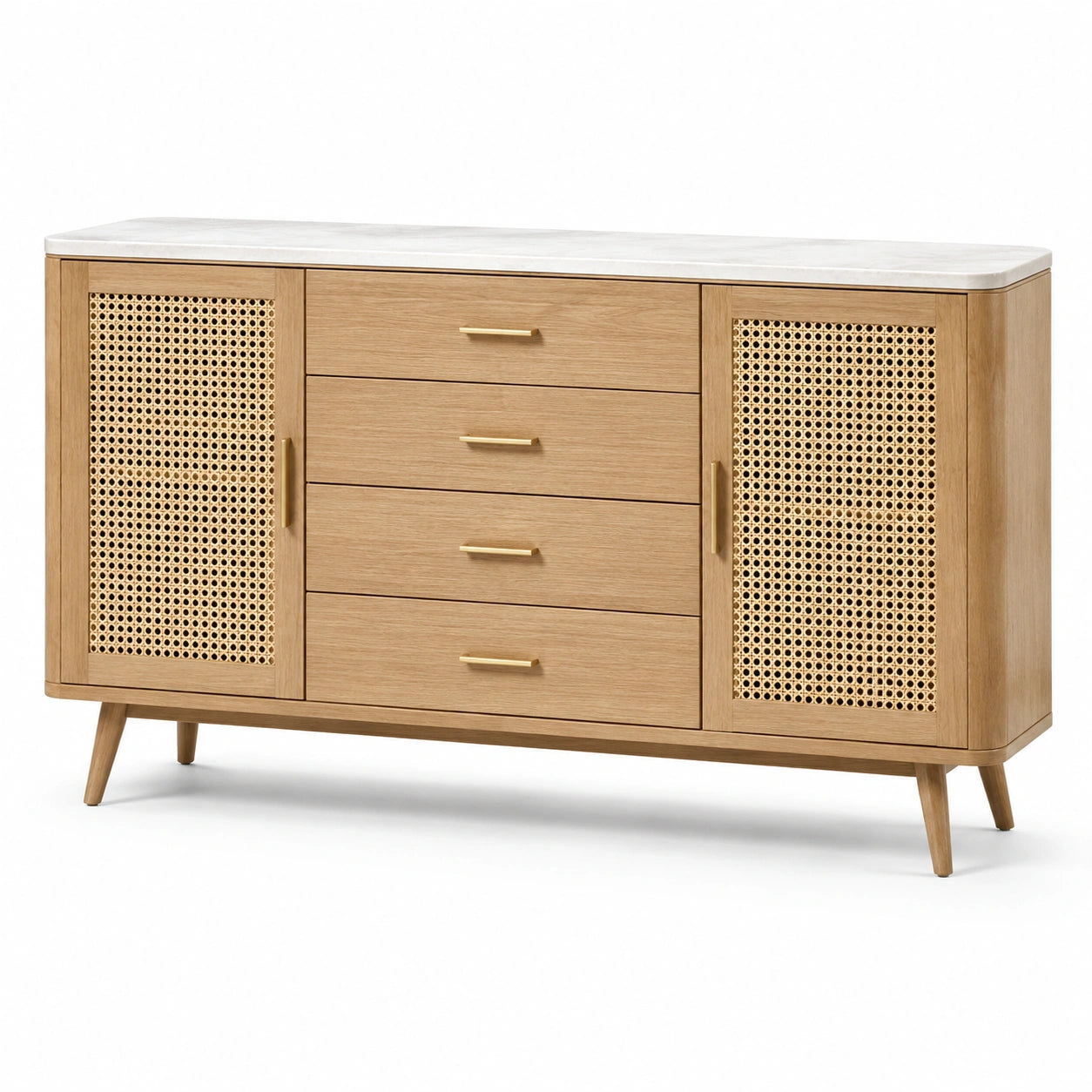 Buffet en bois avec portes en rotin et plateau en marbre
