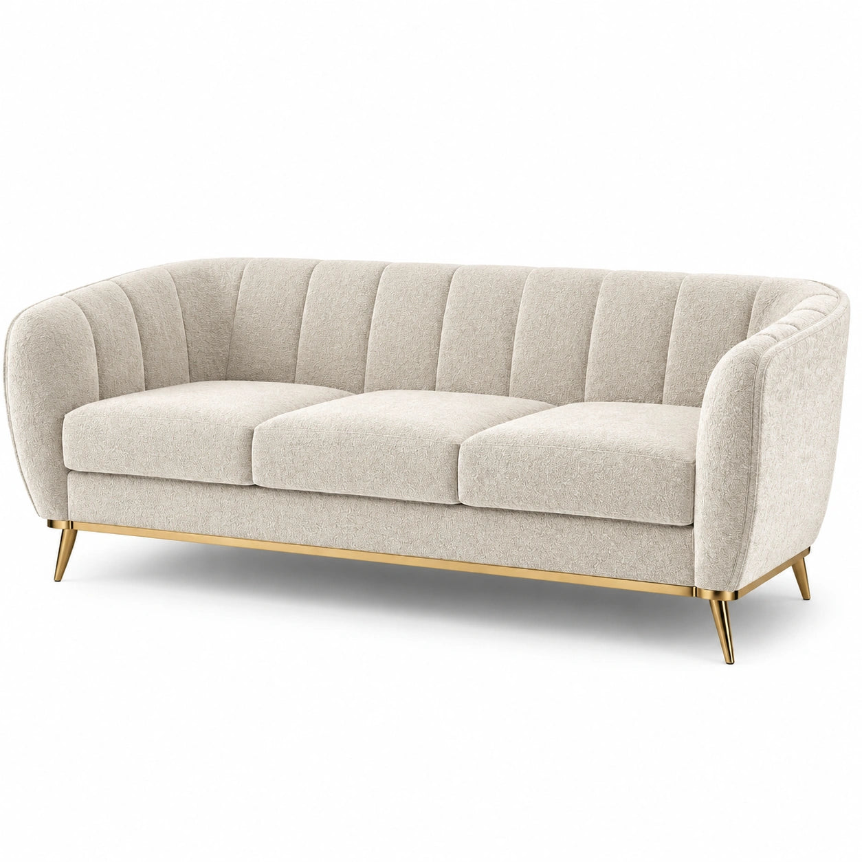Canapé 3 places en tissu polyester beige avec pieds en métal doré