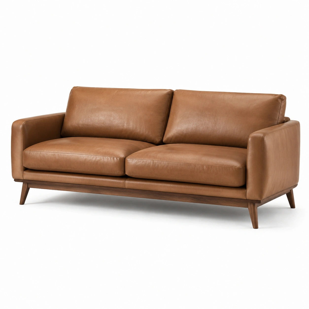 Canapé en cuir pleine fleur marron avec structure en bois de noyer, 210 cm
