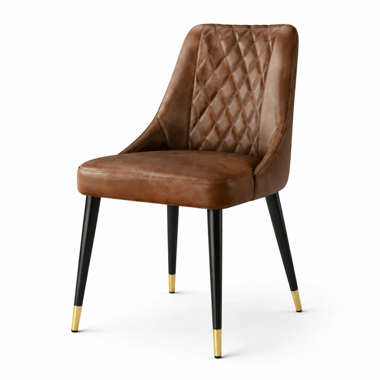 Chaise en Cuir Synthétique Marron avec Pieds en Métal Noir et Embouts Dorés