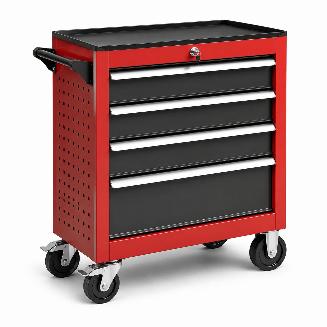Chariot à outils en métal rouge et noir avec 5 tiroirs