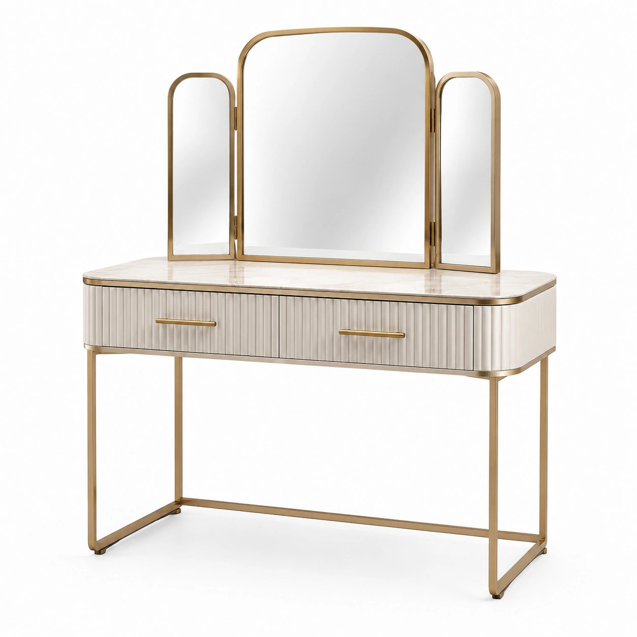 Coiffeuse en bois MDF et métal doré avec miroir triple