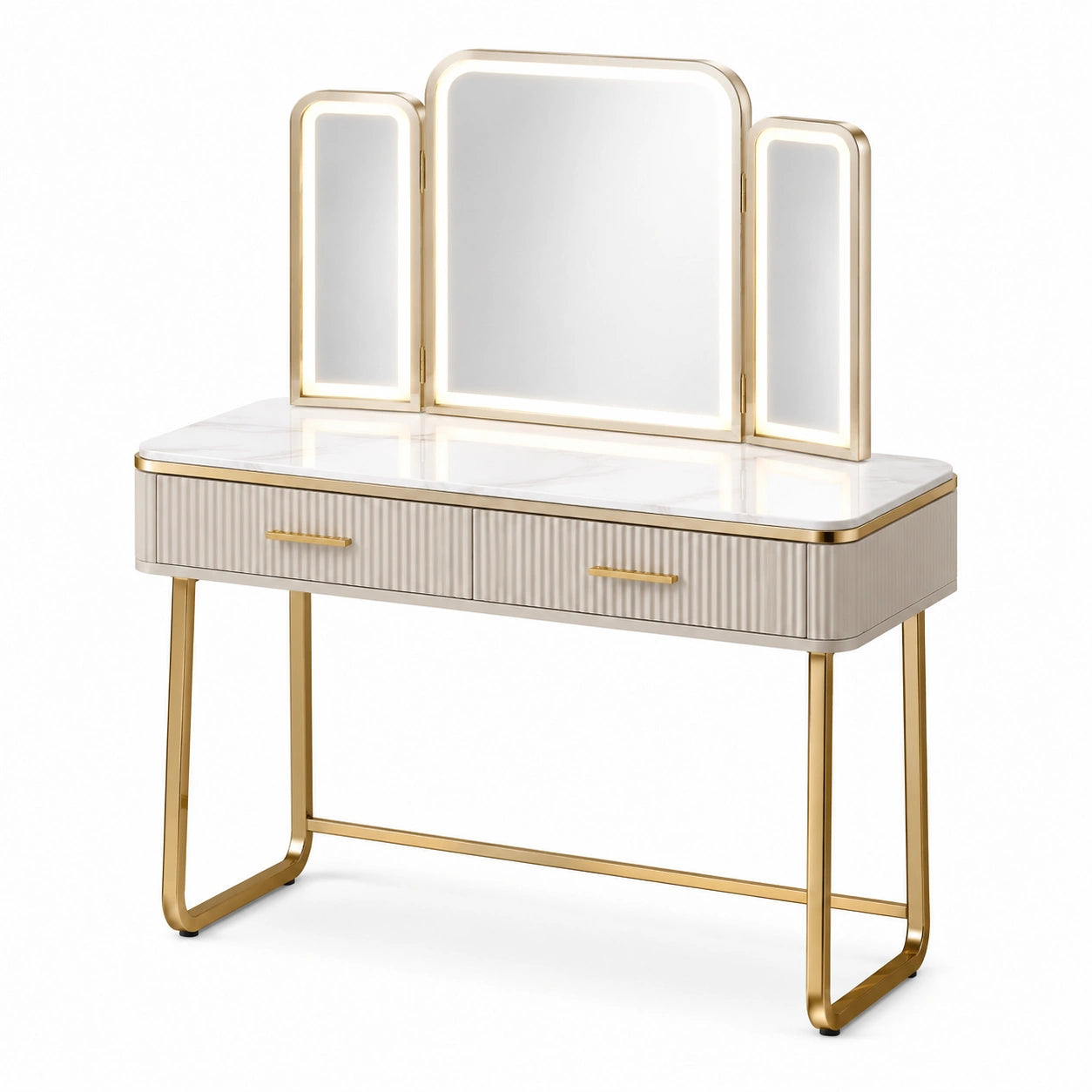 Coiffeuse avec miroir à trois panneaux et cadre en métal doré