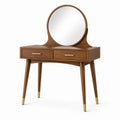 Coiffeuse en bois de noyer avec miroir rond et tiroirs en laiton