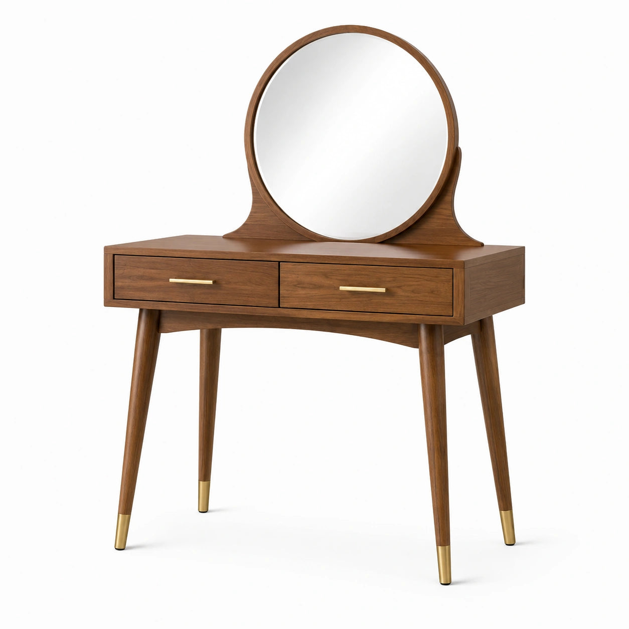Coiffeuse en bois de noyer avec miroir rond et tiroirs en laiton