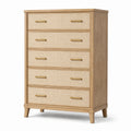 Commode en bois avec 5 tiroirs en rotin et poignées dorées 100x45x130 cm
