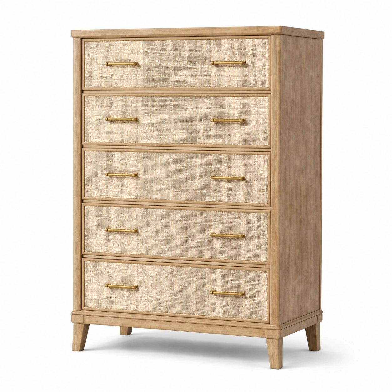 Commode en bois avec 5 tiroirs en rotin et poignées dorées 100x45x130 cm