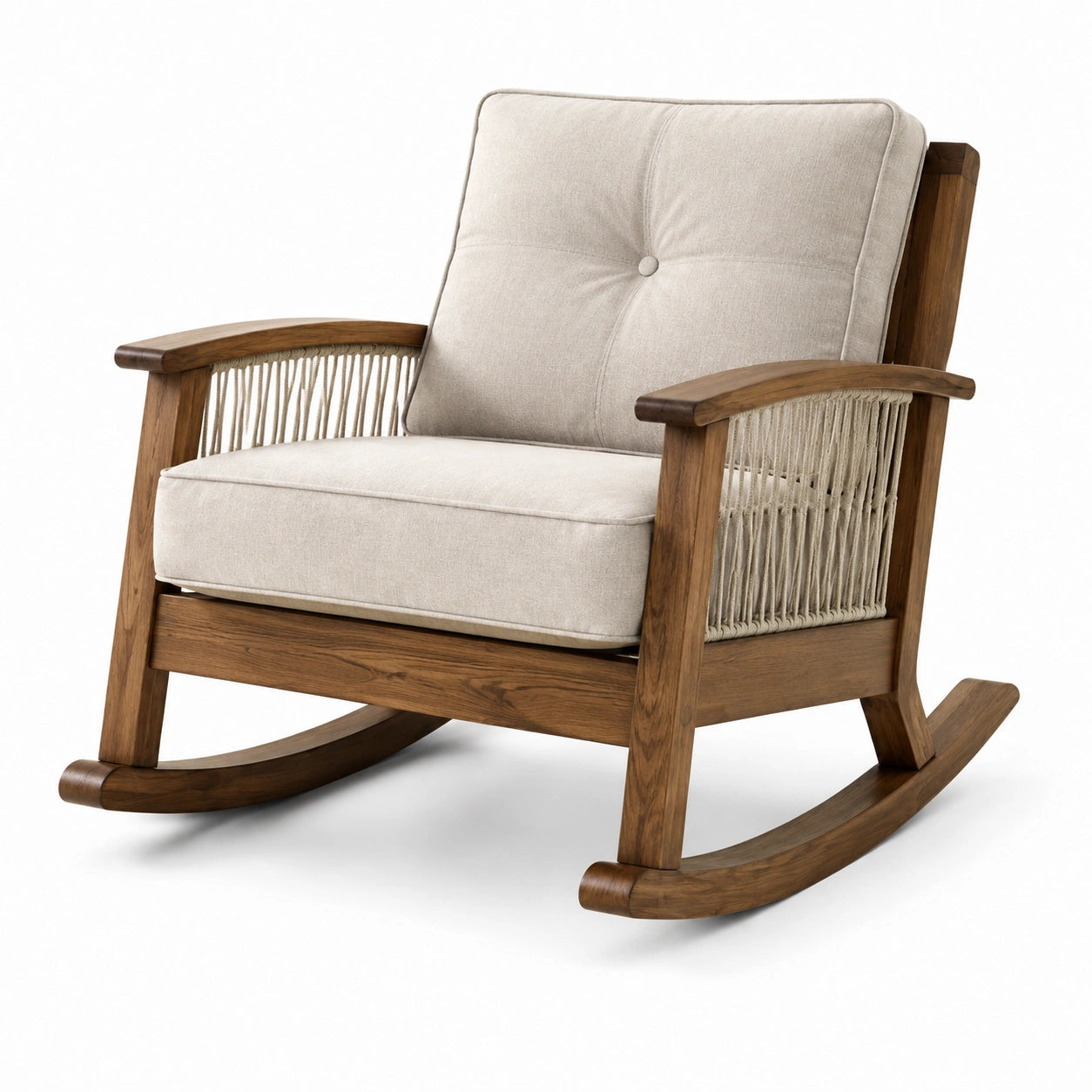 Fauteuil à bascule en bois avec coussins en tissu polyester beige