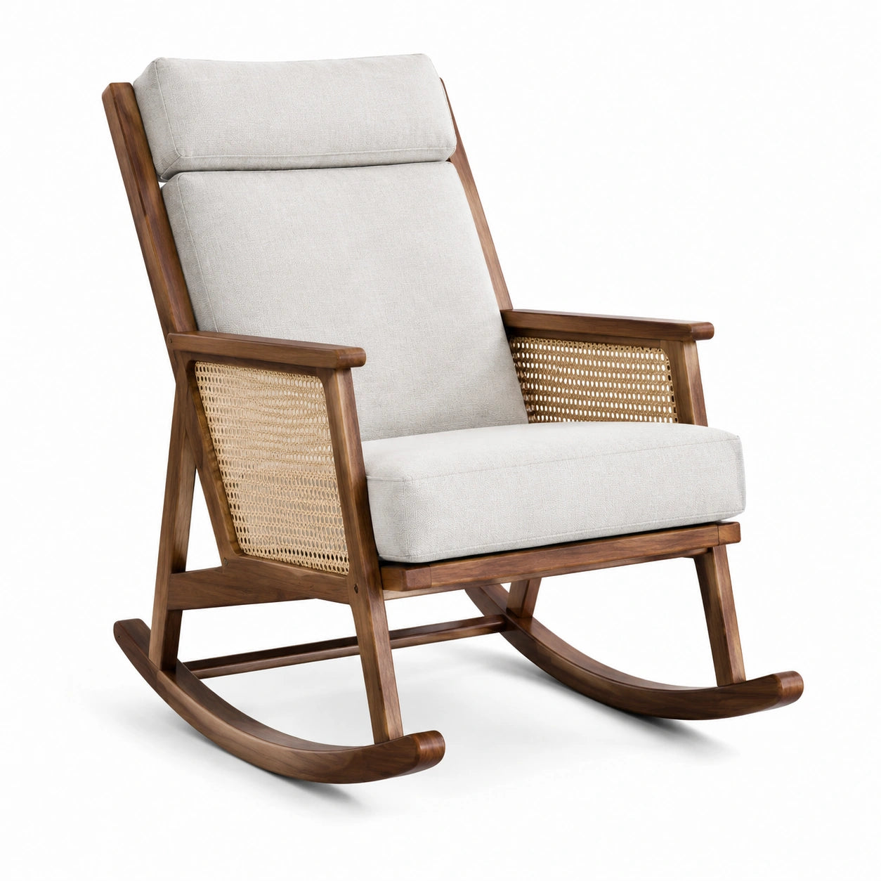 Fauteuil à bascule en bois de noyer et rotin avec coussin beige