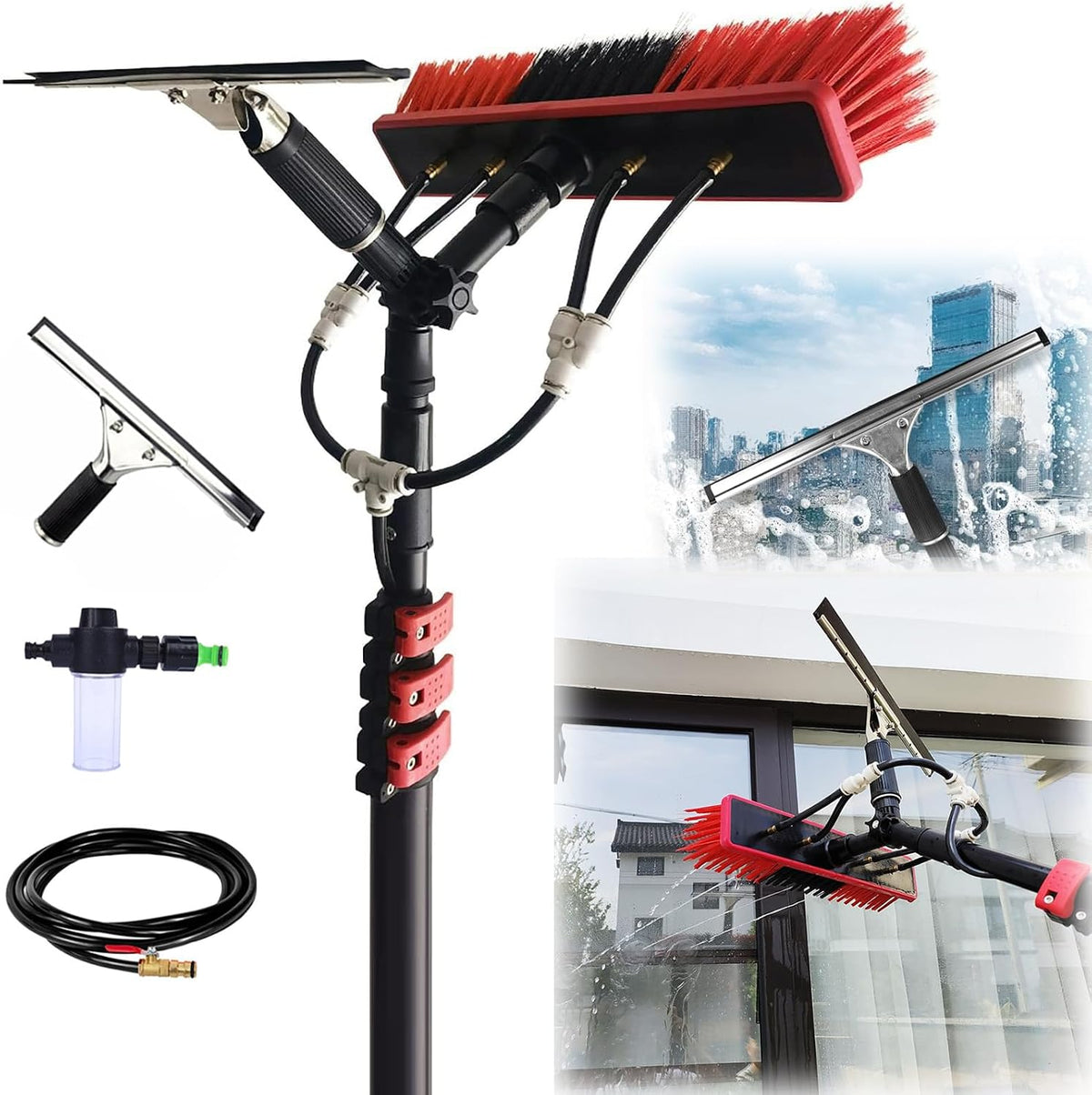 HMASNSEIY Manches télescopiques, Noir, Brosse télescopique alimentée en eau pour le nettoyage des toits, alimentée par eau