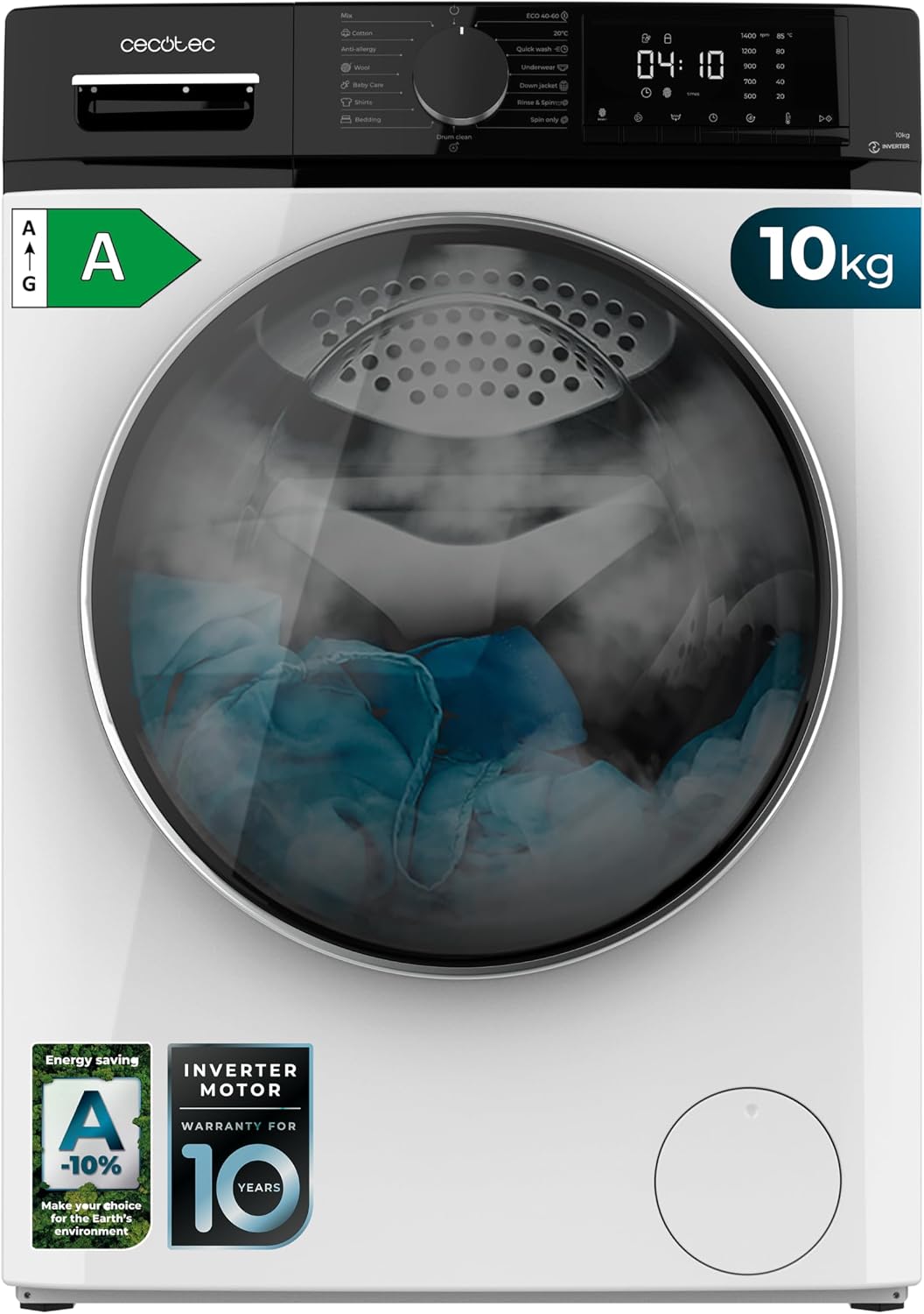 Cecotec lave-linge, 10Kg, 1400 RPM, Blanc, Chargement Frontal Bolero DressCode 10610 Inverter A, Steam Max