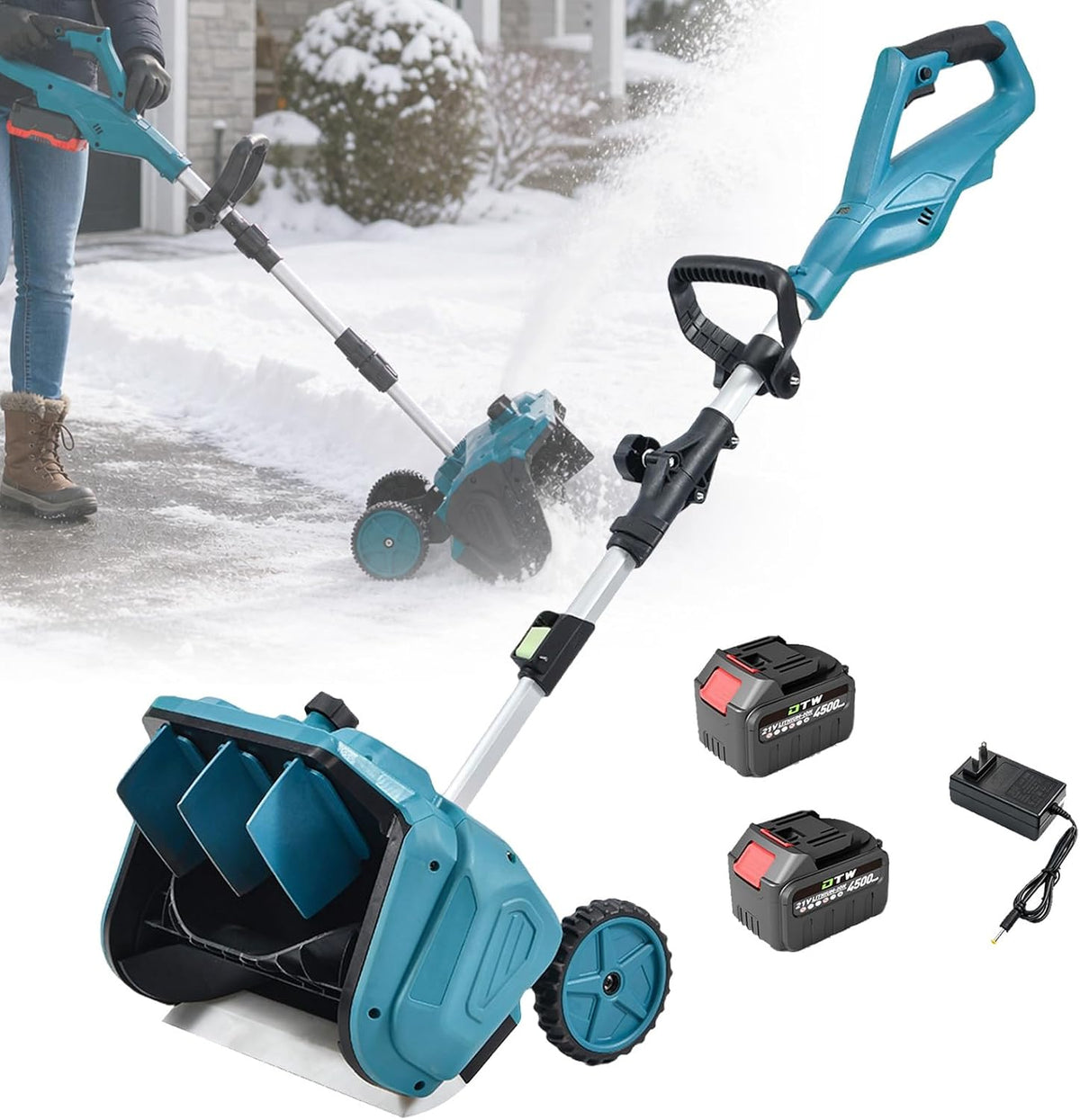 Naturalpowev fraise à neige, 21 V, 16 pouces, 8 pouces, Noir, Batterie, Pelle À Neige Électrique avec 2 Batteries