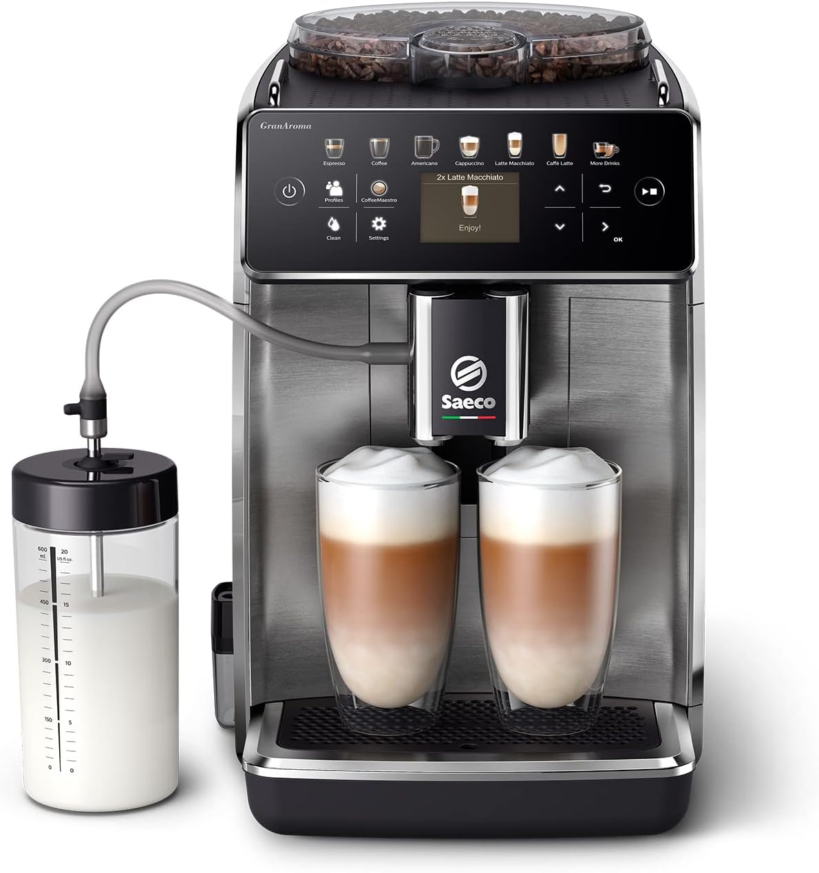 PHILIPS machine à café, Gris, Saeco Expresso broyeur GranAroma - 16 Boissons, Écran Couleur Intuitif de 2.4'