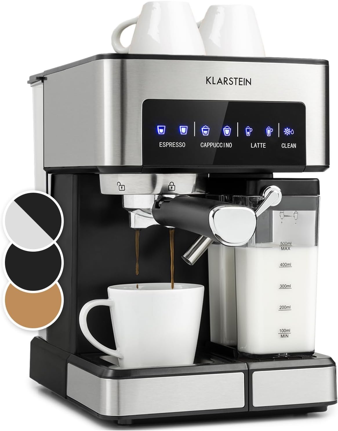 KLARSTEIN machine à café, 1350 watts, 1,8 L, 20 Bar, 1350 W, Argenté, Machine à café espresso à porte-filtre avec Mousseur de Lait