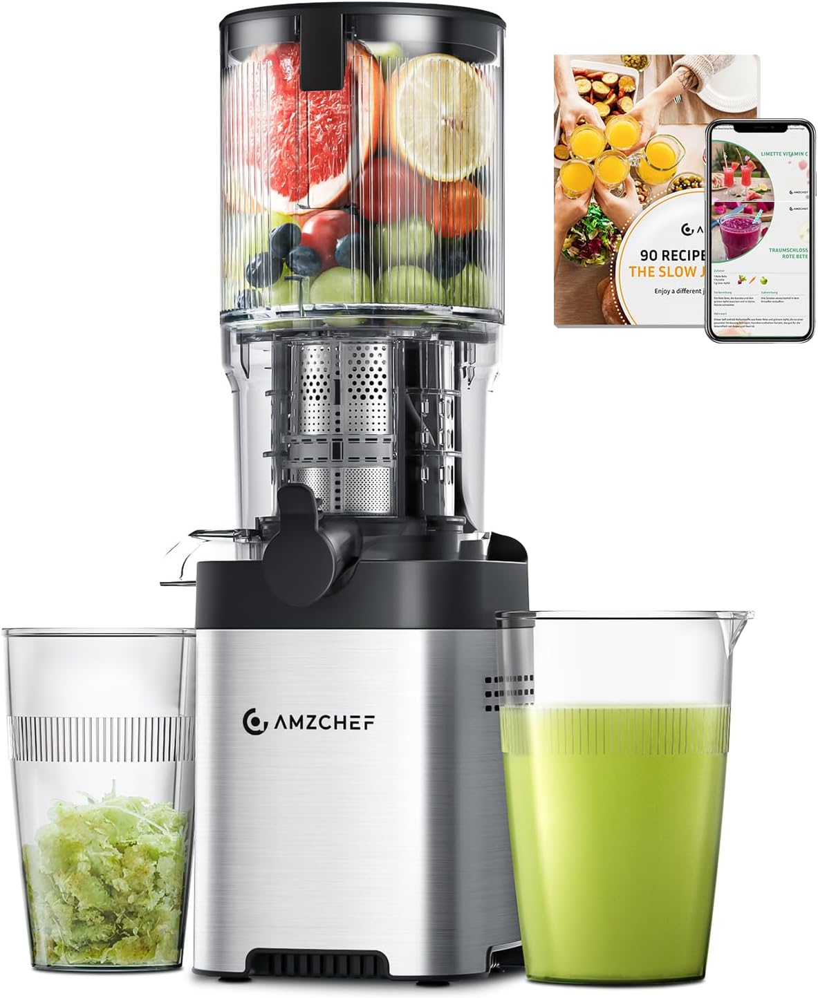 AMZCHEF centrifugeuse, 126 Mm, Argenté, Extracteur De Jus, Trous D'alimentation Larges De Pour Les Fruits Et Légumes Entiers