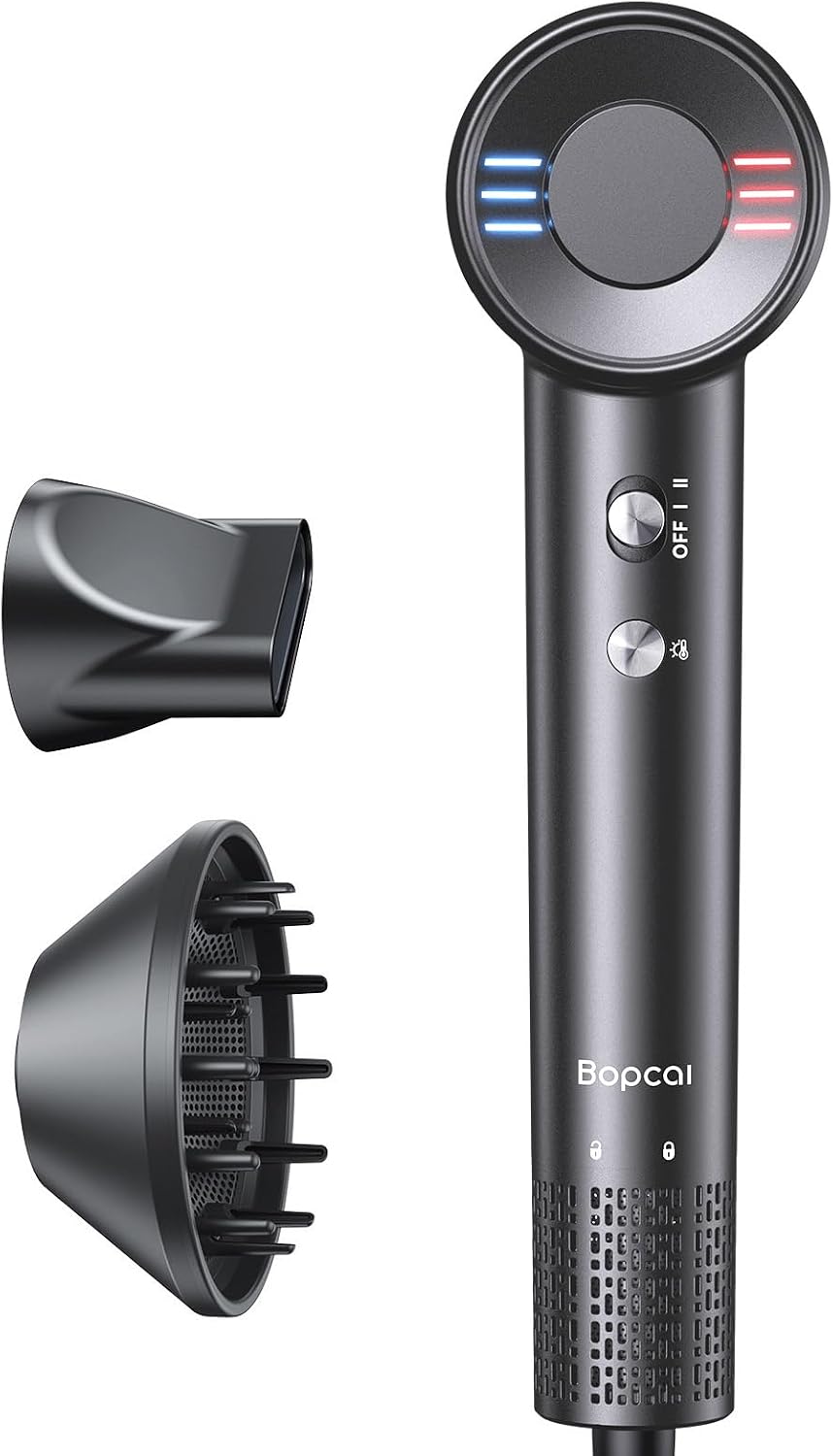 Bopcal Sèche-cheveux, 240 V, 170000 tr/min, Noir, Sèche Cheveux Voyage Ionique 100, Haute Vitesse avec Diffuseur ZCY891 04