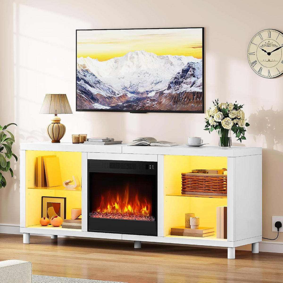 YITAHOME cheminée électrique, 148 cm, Blanc, Meuble TV Cheminée Electrique pour TV de 55/60/65', Chauffage