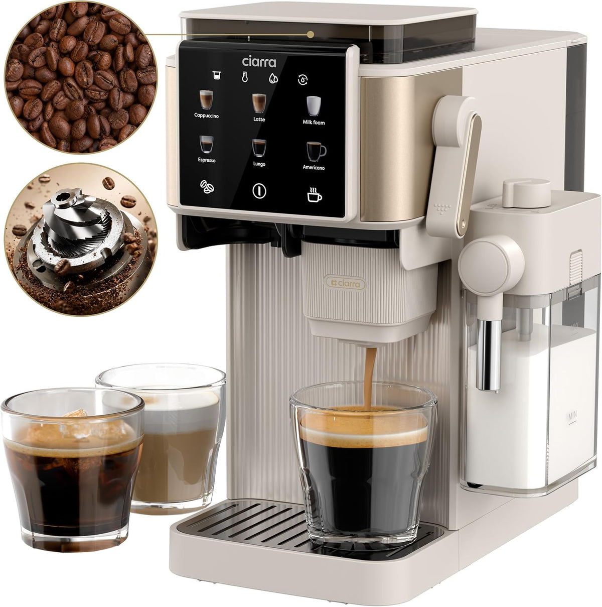 CIARRA broyeur, 15 Bar, Argenté, CBSACM-D6 Machine Expresso avec et Mousseur, Machine semi-automatique pour espresso