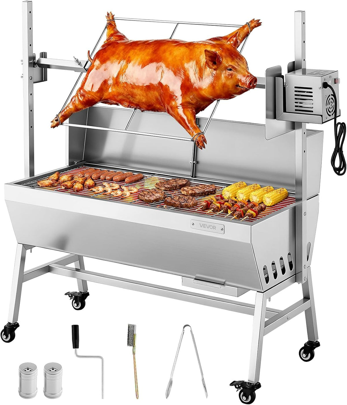 VEVOR barbecue à charbon, 38 W, 60 kg, Argenté, avec Tournebroche Électrique, Rôtissoire à Charbon de Bois Capacité de Charge