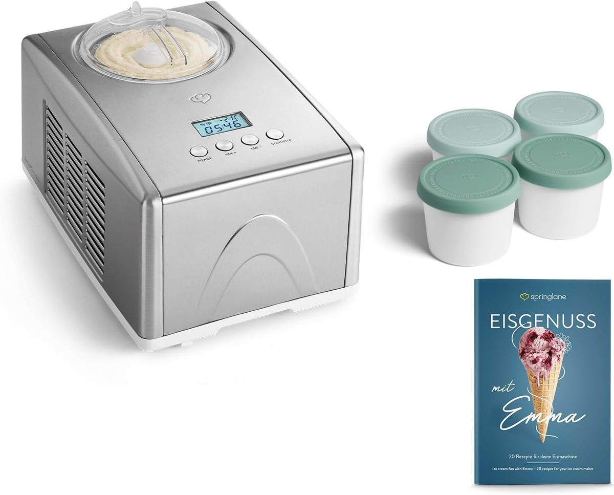 Springlane Kitchen sorbetière, 1,5 l, 150 W, 400 ml, Argenté, Springlane Emma avec compresseur auto-refroidissant