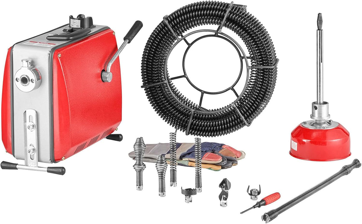 VEVOR Furets déboucheurs, 14,6 x 6,5 x 13,2 pouces / 370 x 165 x 335 mm, 500 W, 1400 tr/min, 20 m, 16 mm, Rouge + Argent