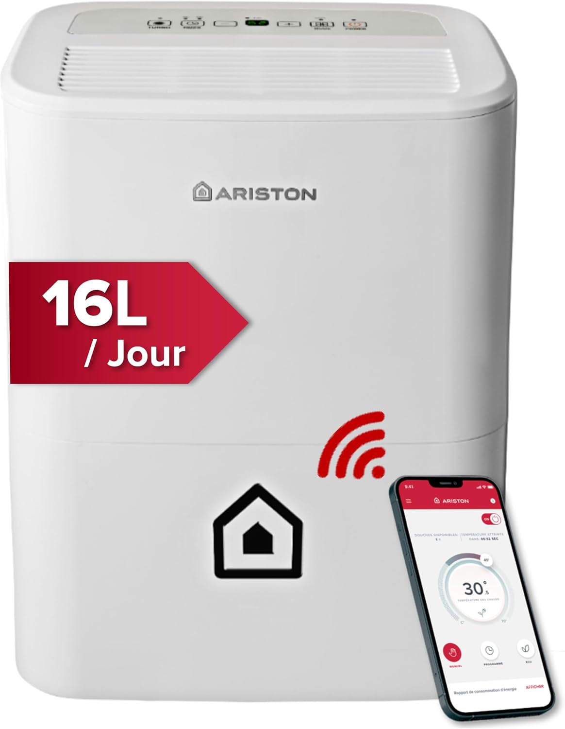 Ariston déshumidificateur, 16 L, 44 m, Blanc, Deos 16S NET WiFi Portable, Contrôle Électronique du niveau d'Humidité