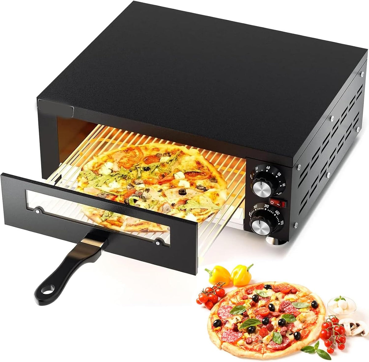XGHDPBM four à pizza, 1100 W, 1100 W, acier inoxydable, Noir/Argenté, électrique, comptoir, machine à pizza double face