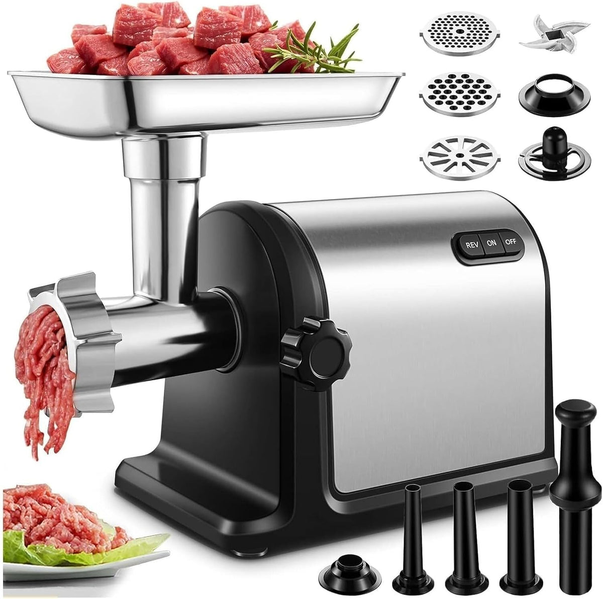 Hachoir Hachoirs à viande, 1500 W, argent + noir, à Viande électrique, à Viande Professionnel en Aluminium