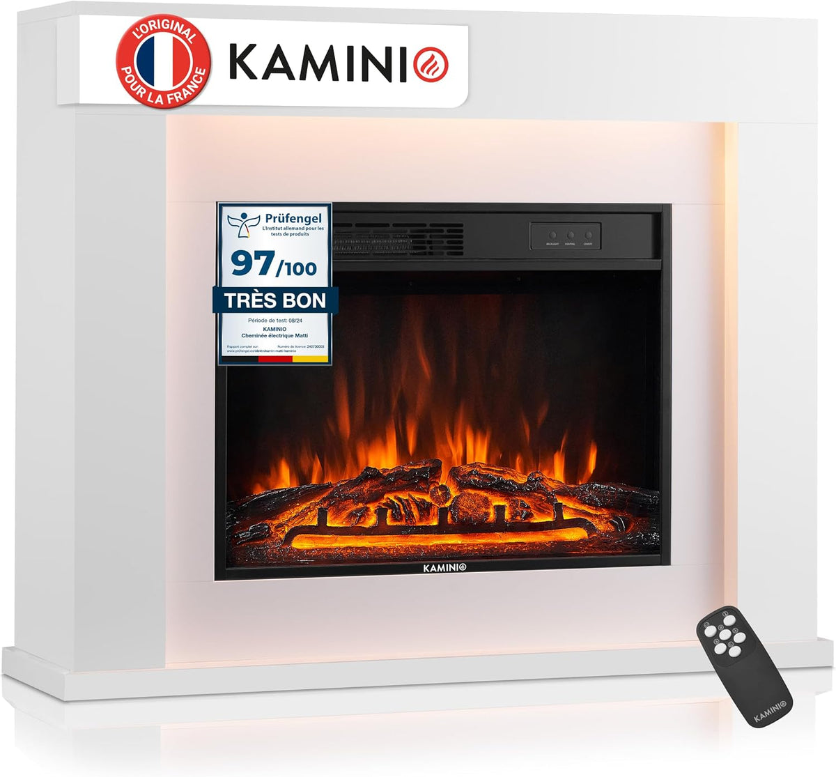KAMINIO cheminée électrique, Blanc, ® Matti Modern 38 he à Poser, Cheminée décorative chauffante avec effet de flamme