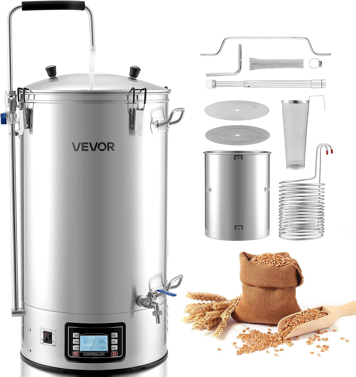VEVOR Kits de brassage maison, 18,90 x 17,72 x 36,22 po / 480 x 450 x 920 mm, 16 gal / 60 L, 3000 W, 60 L, Acier inoxydable