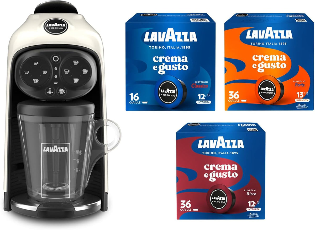 Lavazza machine à café, 1500 W, 240 V, 1,1 litre, Blanc, A Modo Mio Deséa White Cream avec 88 capsules crème et goût assorties