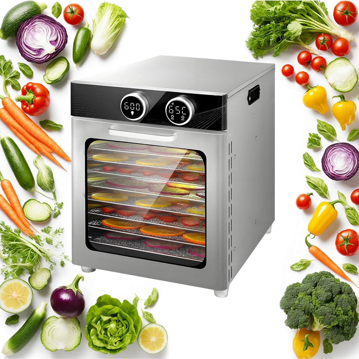 AETEREOS déshydrateur alimentaire, 800 W, Argenté, Professionnel, 6-12 Plateaux en Acier Inoxydable, Température Et Minuterie Numériques