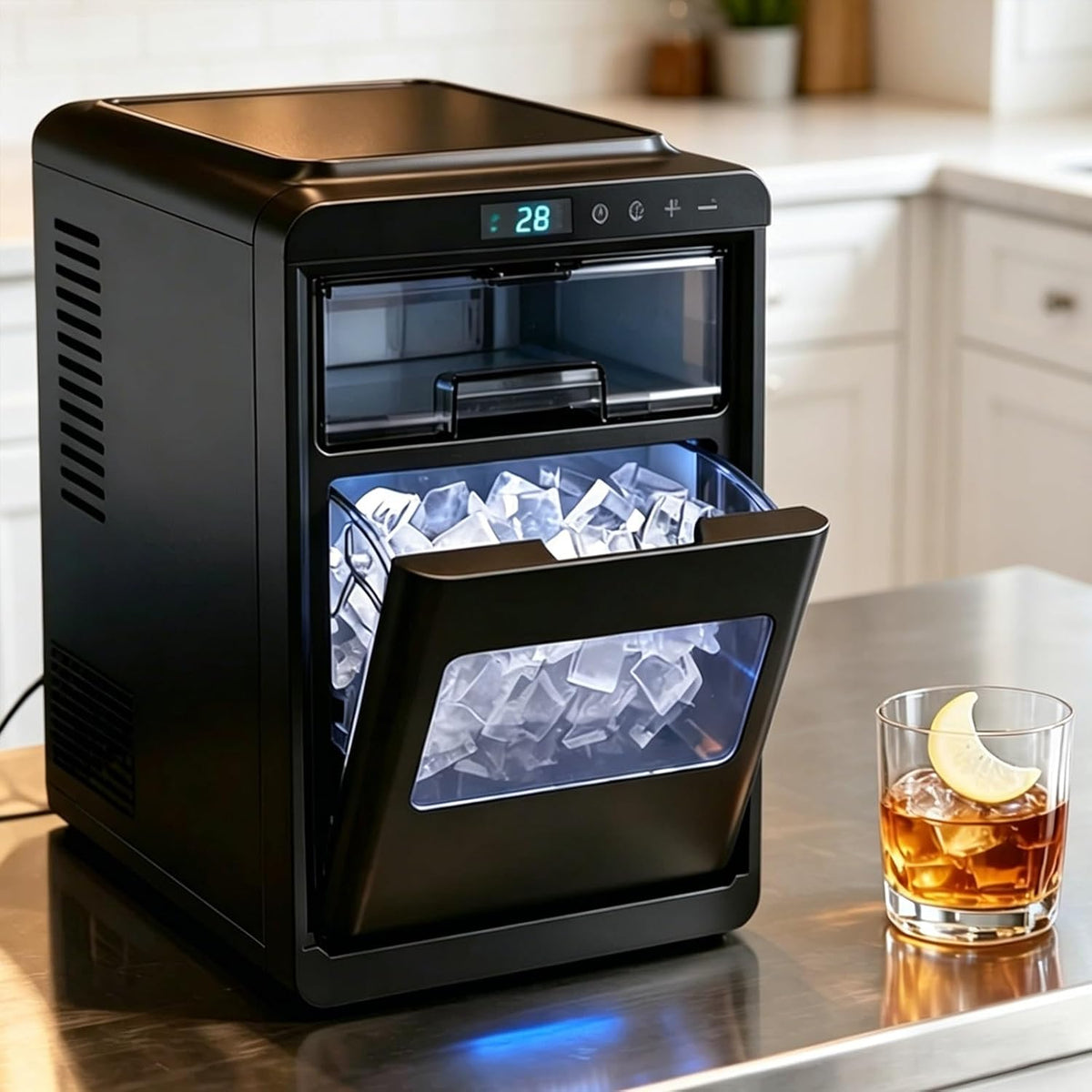 Machine machine à glaçons, 1,8 L, Noir, à glaçons de comptoir, réservoir d'eau, minuterie 24h, produit des glaçons en forme de croissant pour cafés