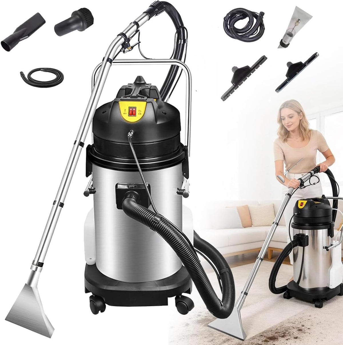WEIZIIA aspirateur eau et poussière, 220–240 V, 40 L, Argenté, Shampouineuse Professionnelle, Filtre Lavable et Roulettes Mobiles pour Tapis