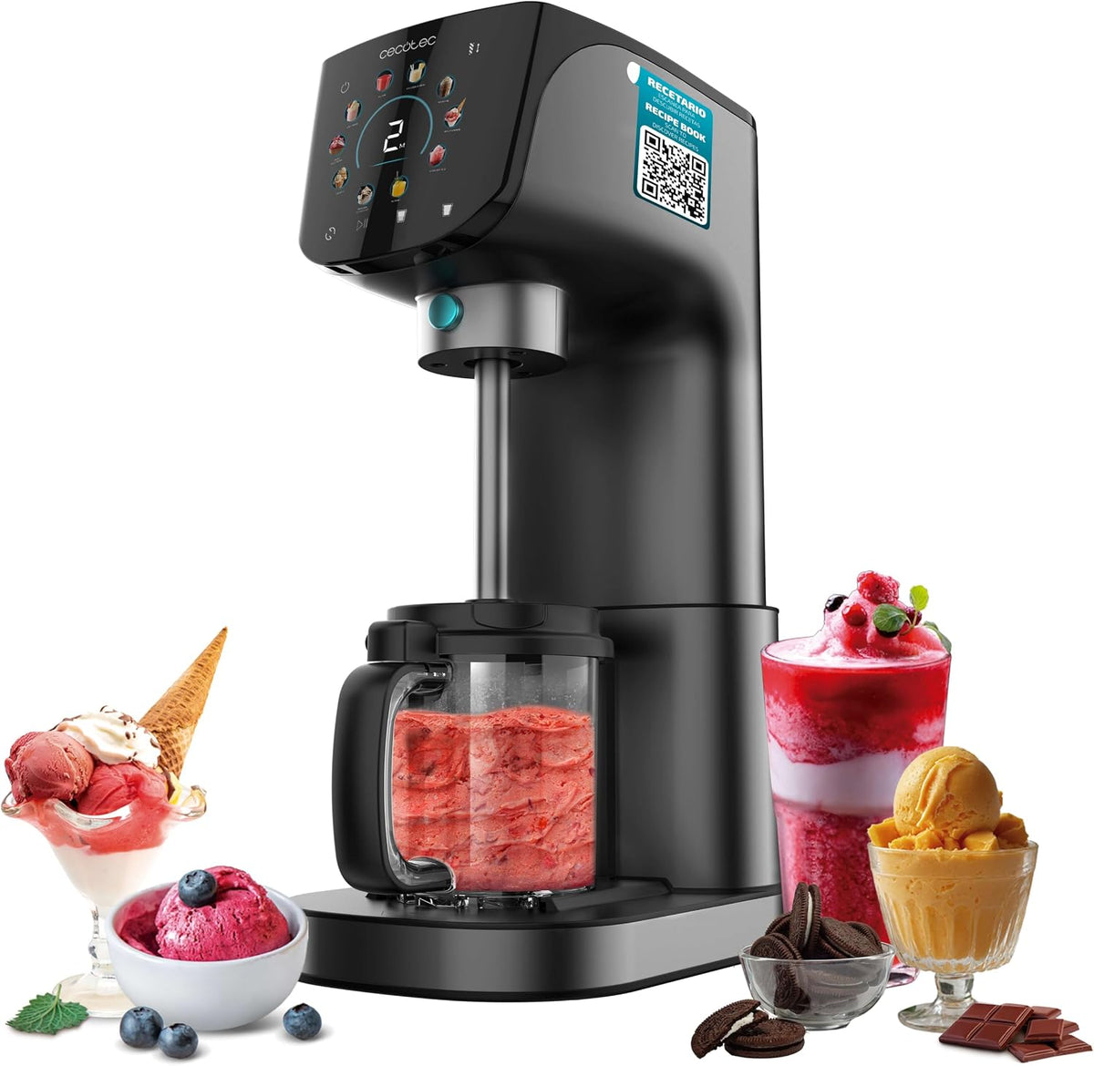 Cecotec sorbetière, 500 W, 2,1 L, Noir, Multifonction Machine à Glace Gelatec 2100, 11 Programmes de Glace et Boissons Granitées