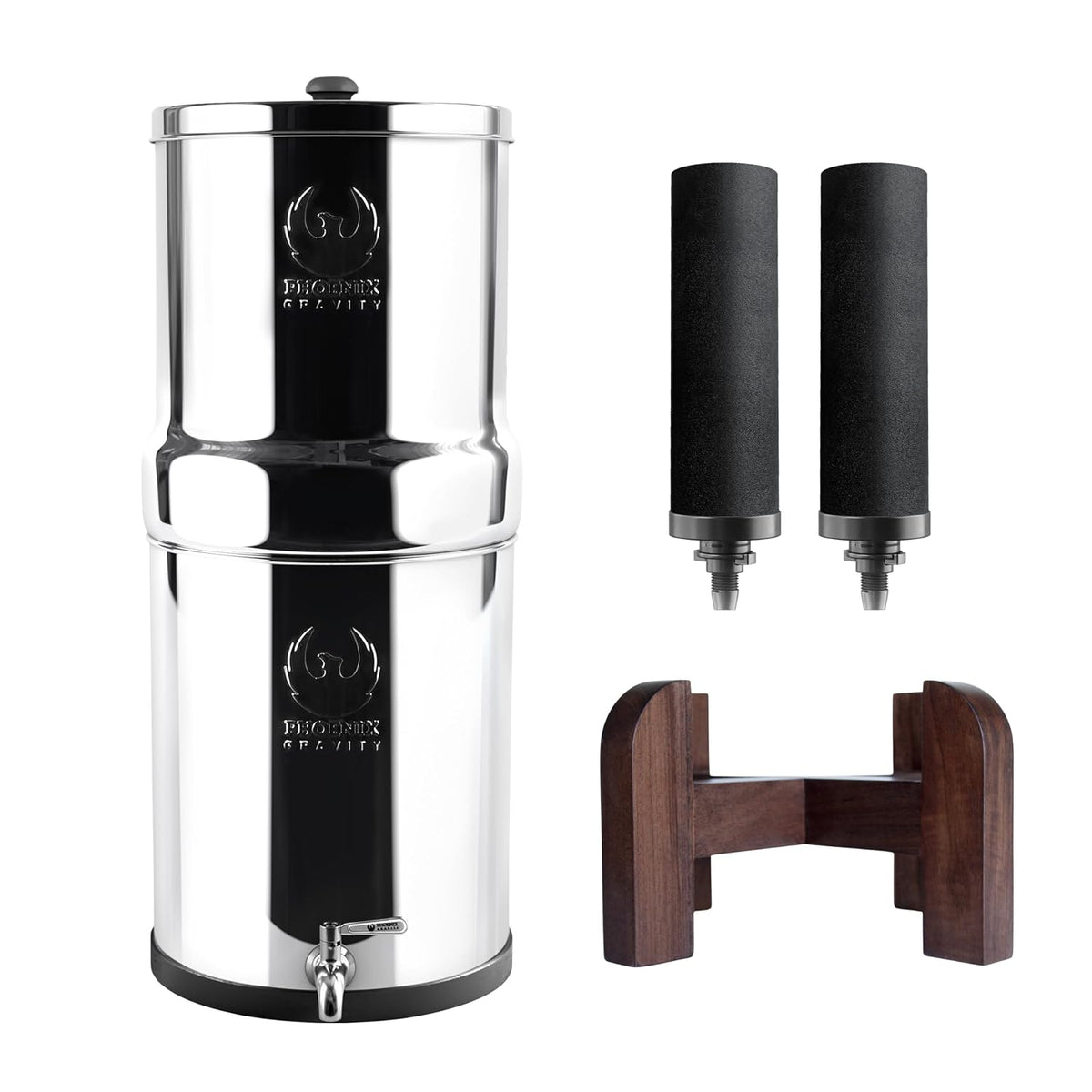 PHOENIX GRAVITY Filtres à eau sur robinets, 6 litres, Argenté/Noir, Free acier inoxydable Tap et Teak Wood Stand