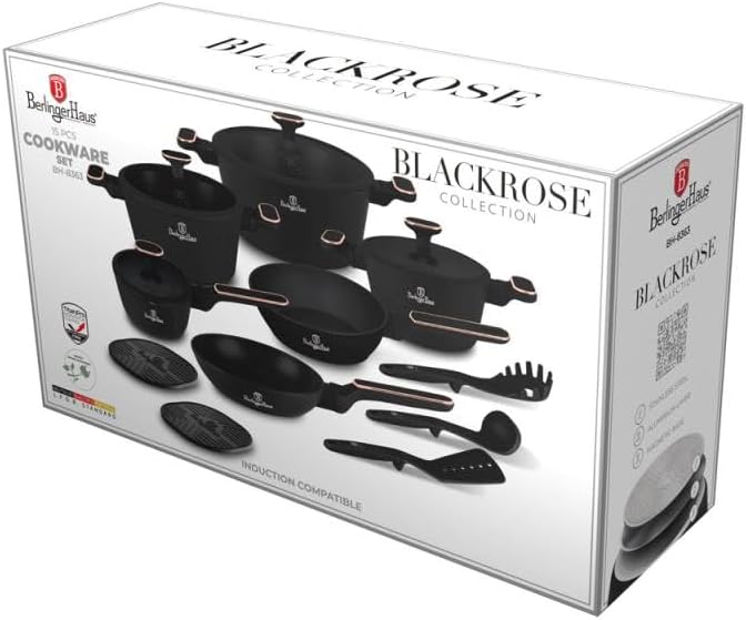 Berlinger Haus batterie de cuisine, Noir/Rose, Lot de 15 ustensiles de cuisine revêtus de titane, Collection Black Rose