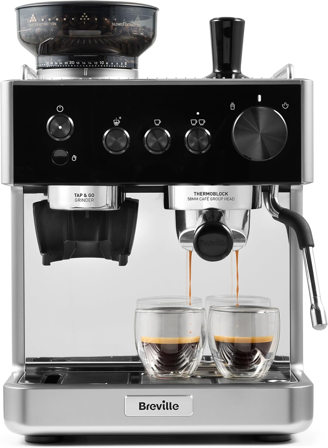 Breville machine à café, Noir/Argenté, Barista Classic Machine à espresso, Cafetière à grains avec moulin à café et mousseur à lait intégrés