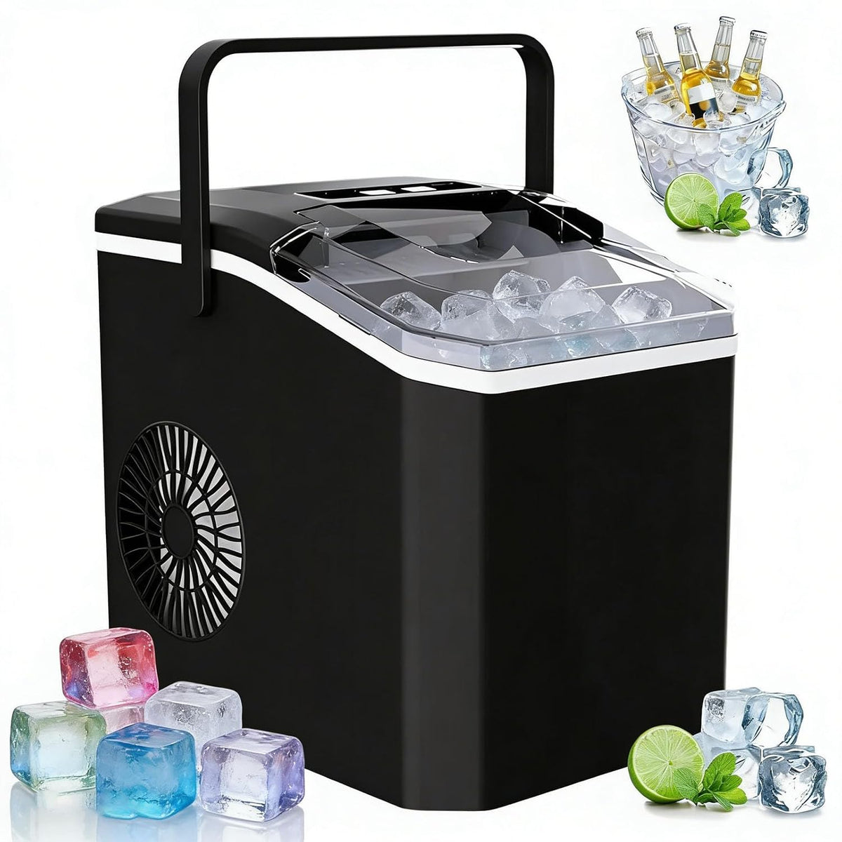 RSPPPJQ machine à glaçons, 59 dB, 12 kg, Gris, de comptoir avec panier à glace et cuillère, 9 cubes en 7 minutes