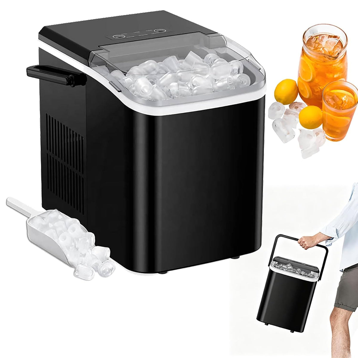 RSPPPJQ machine à glaçons, 59 dB, 110 W, 1,3 L, Gris, de comptoir avec réservoir d'eau, portable, panneau d'affichage autonettoyant à une touche