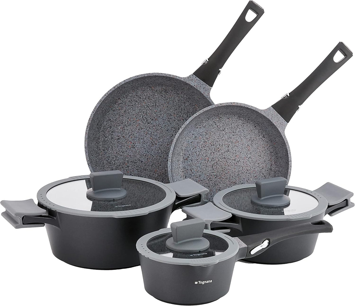 Tognana batterie de cuisine, Noir, Ambitieux, Batterie de casseroles et poêles, Set avec 2 poêles, 3 casseroles