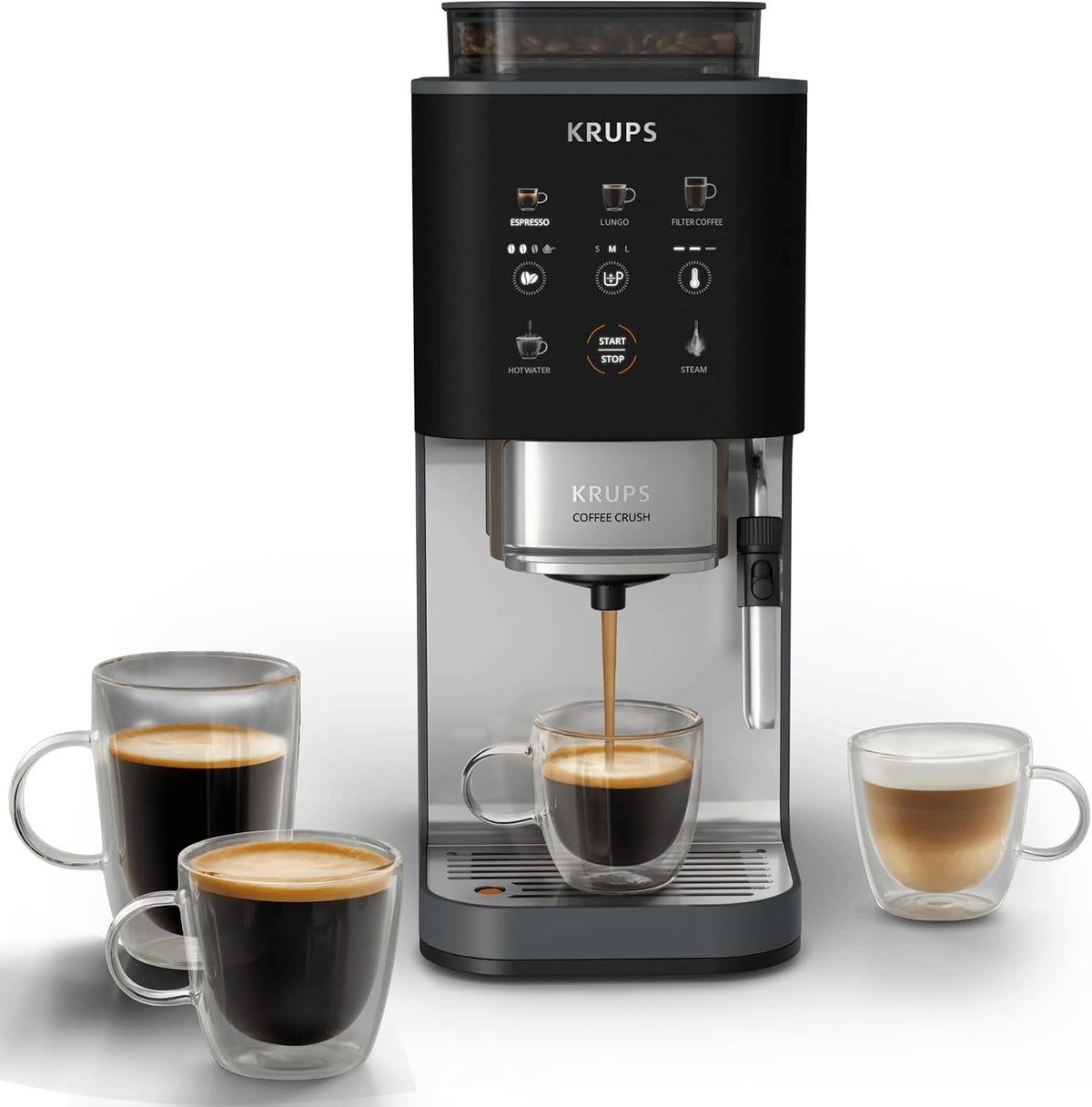 KRUPS machine à café, Noir/Argenté, Coffee Crush Edition, à grains, Format ultra compact, Buse vapeur intégrée