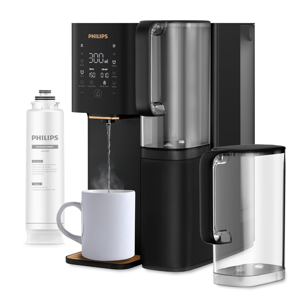PHILIPS Carafes filtrantes, 2000 L, Noir, minéraux préservés, filtration RO 6-en-1, >110 contaminants réduits