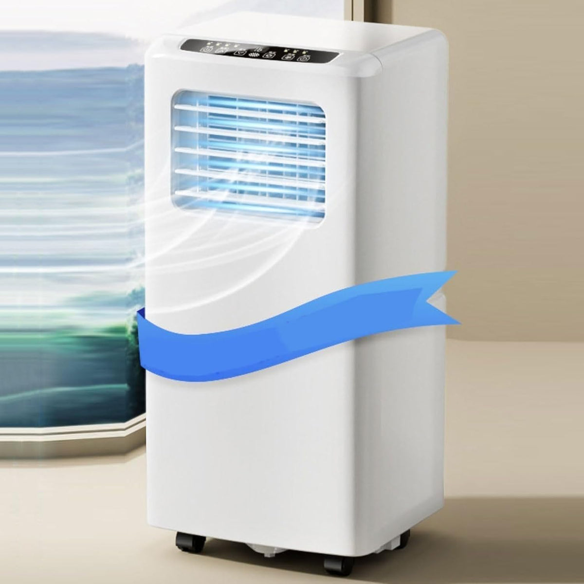 climatiseur portable HUANQIN, 9000 BTU, 28 m, 2300 W, Blanc, Contrôle Refroidissement Silencieux avec Télécommande