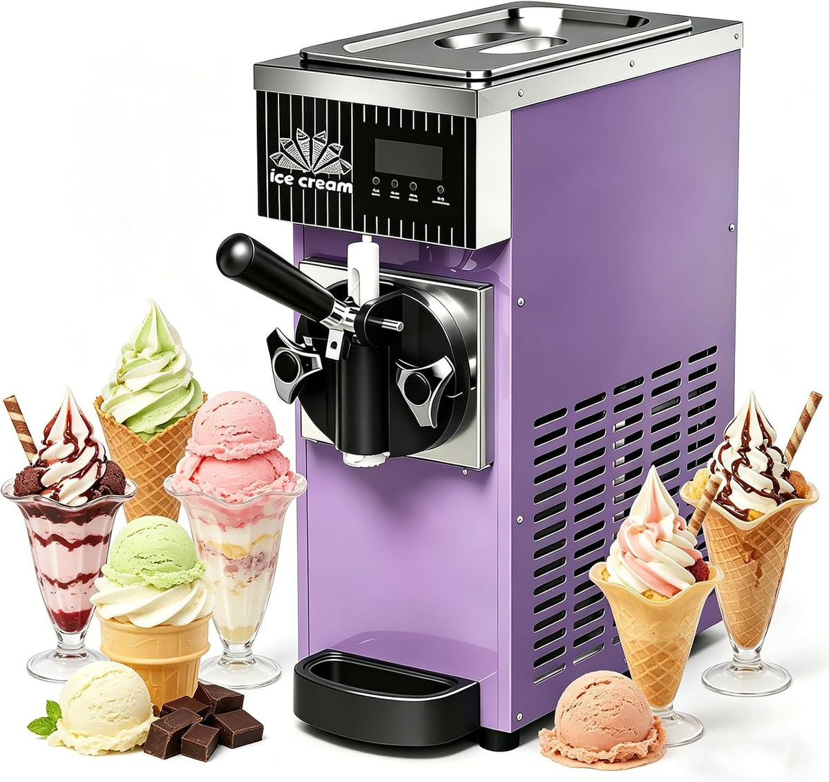 VUNHEX sorbetière, 110 V / 220 V, 450w, 2,5l, Acier inoxydable, Argenté/Violet, 80-100 Portions/H, Usage Domestique
